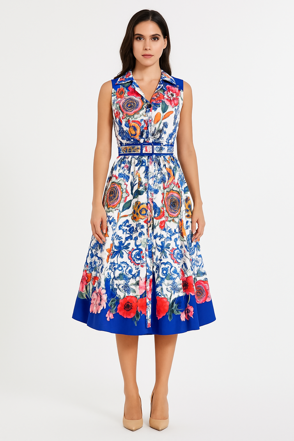 Blue porcelain painting floral Shirt dress.