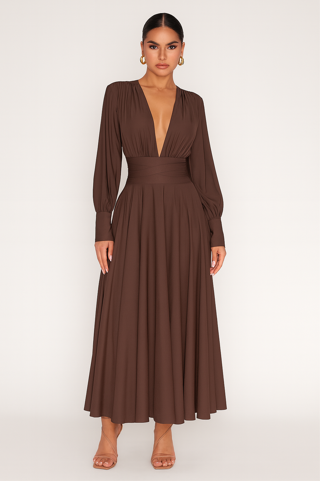 The dark brown print dress